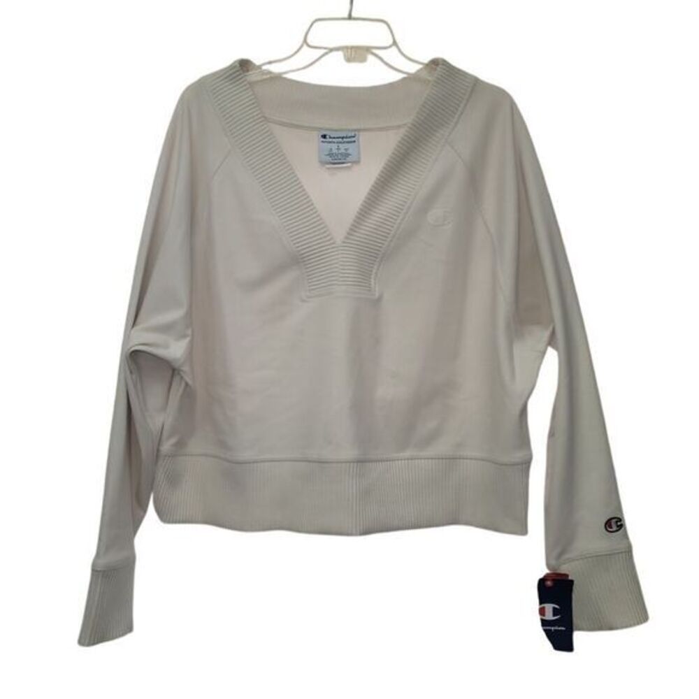 Champion Women's Rib Mix V-Neck Cropped Polo Sweater Quite Luxury Preppy L - Picture 2 of 8